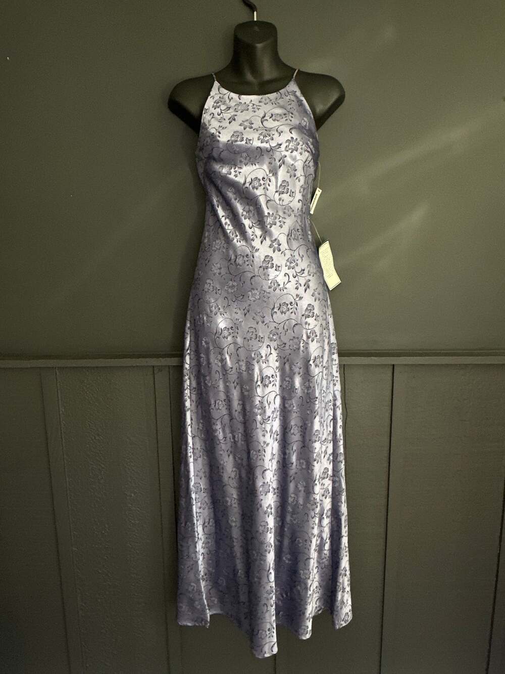 Vintage Sears 90s NEW Periwinkle Lavender Satin Floral Jacquard Maxi Dress S 5/6